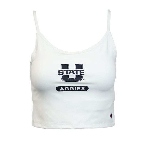 fitted, cropped, white "u-state aggies tank top